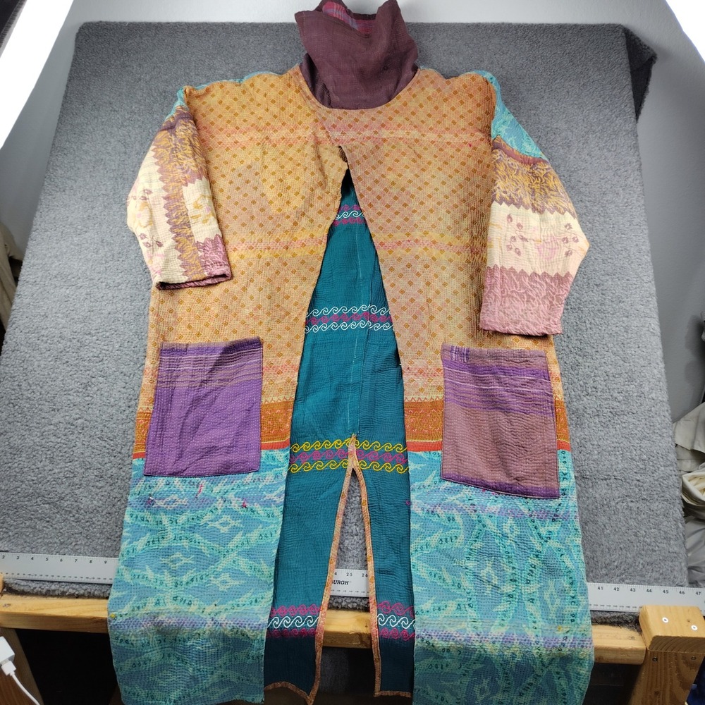 Kantha Bae Duster Sz Free Patchwork Sari Kantha Stitch Multi Color Pocket Hippie